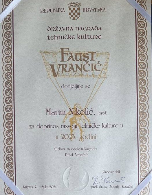 Učiteljici Marini Nikolić dodjeljena Državna nagrada tehničke kulture „Faust Vrančić” za 2023. godinu